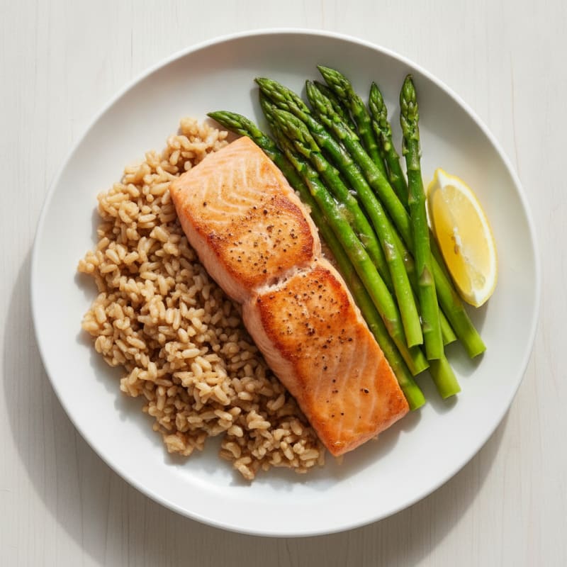 Seared Salmon Fillet with Steamed Asparagus and Brown Rice