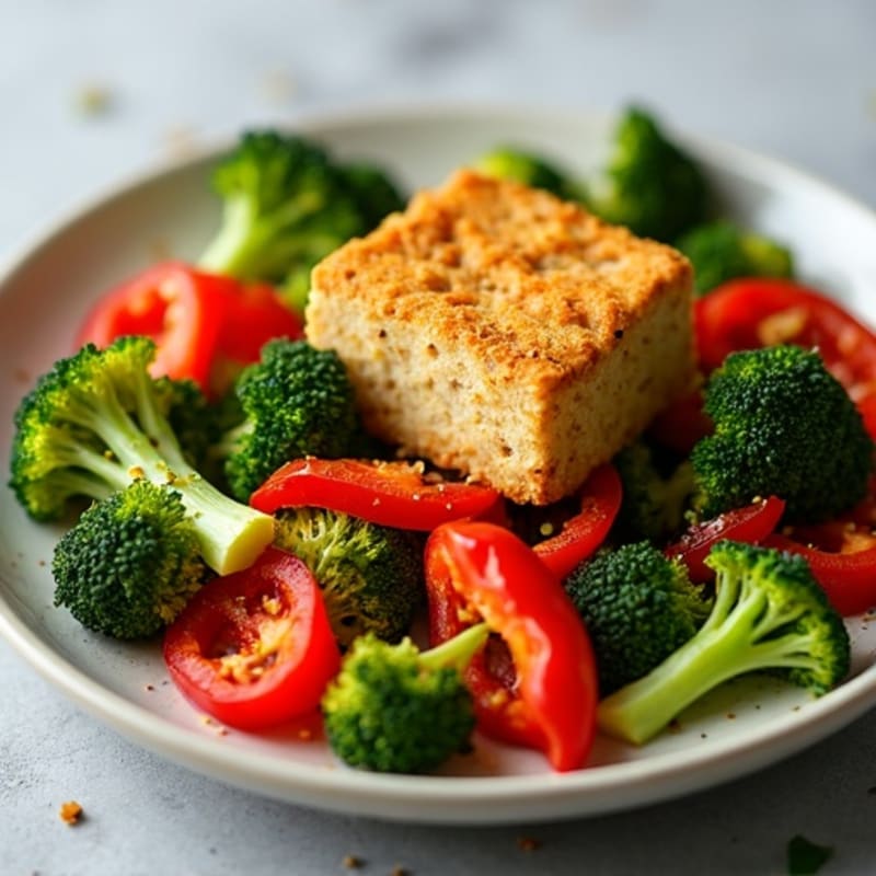 Crispy Baked Tofu with Roasted Broccoli and Bell Peppers