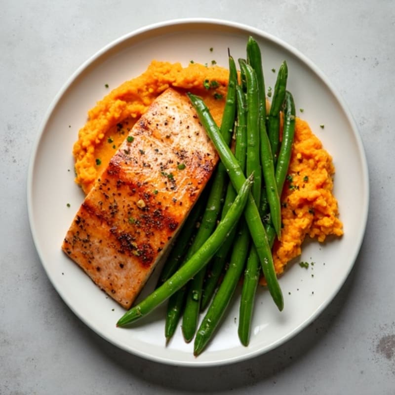 Seared Salmon with Garlic Green Beans and Sweet Potato Mash