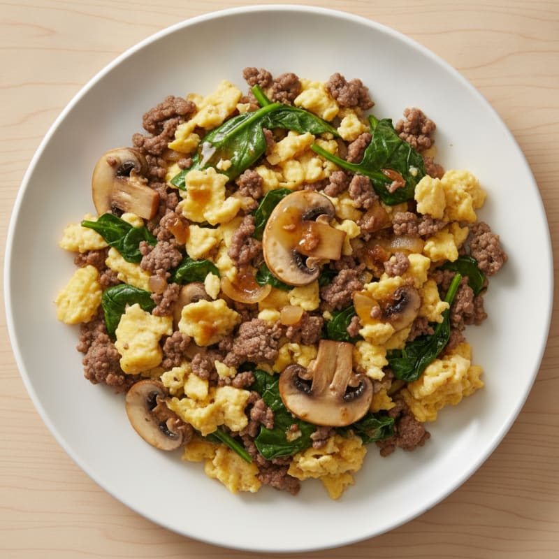 Beef and Spinach Egg Scramble with Sautéed Mushrooms