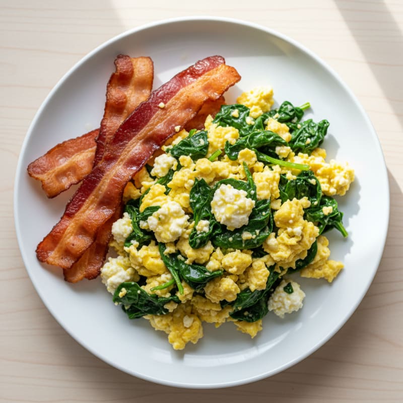 Cottage Cheese Scramble with Sautéed Spinach and Turkey Bacon