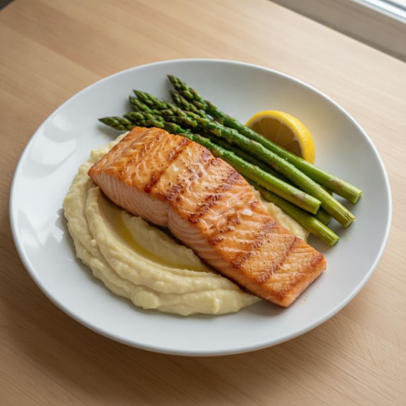 Seared Salmon Fillet with Steamed Asparagus and Cauliflower Mash