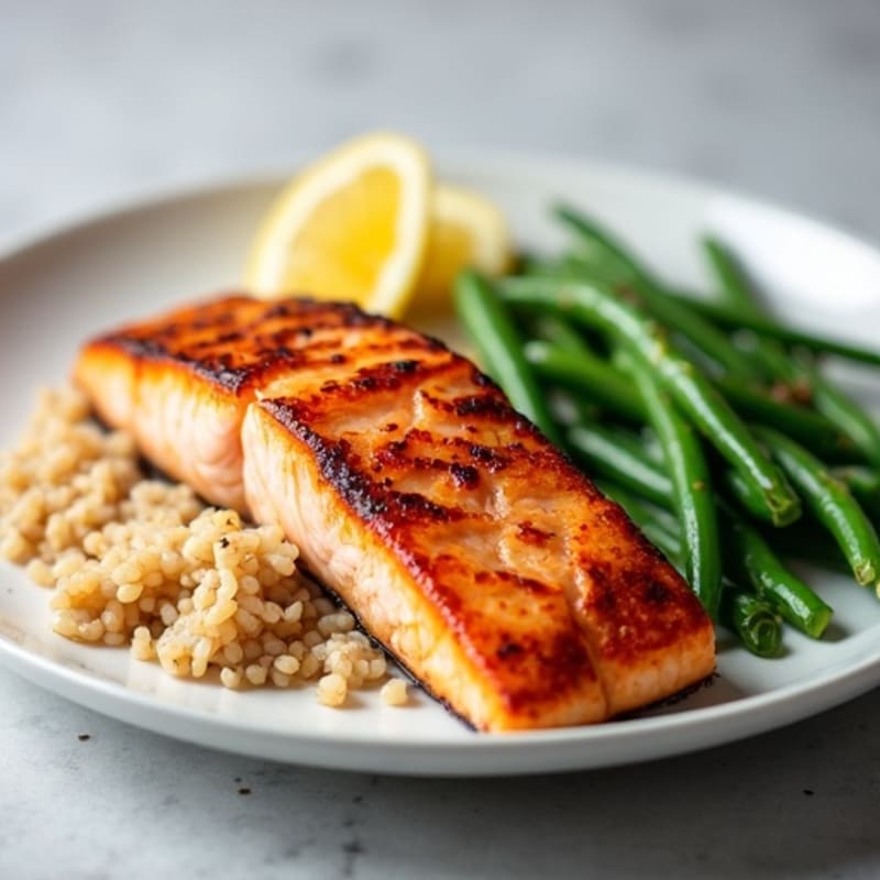 Seared Salmon with Steamed Green Beans and Brown Rice