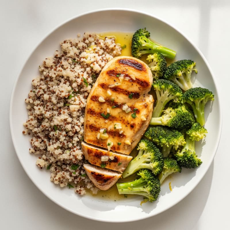 Grilled Lemon-Garlic Chicken Breast with Quinoa and Steamed Broccoli