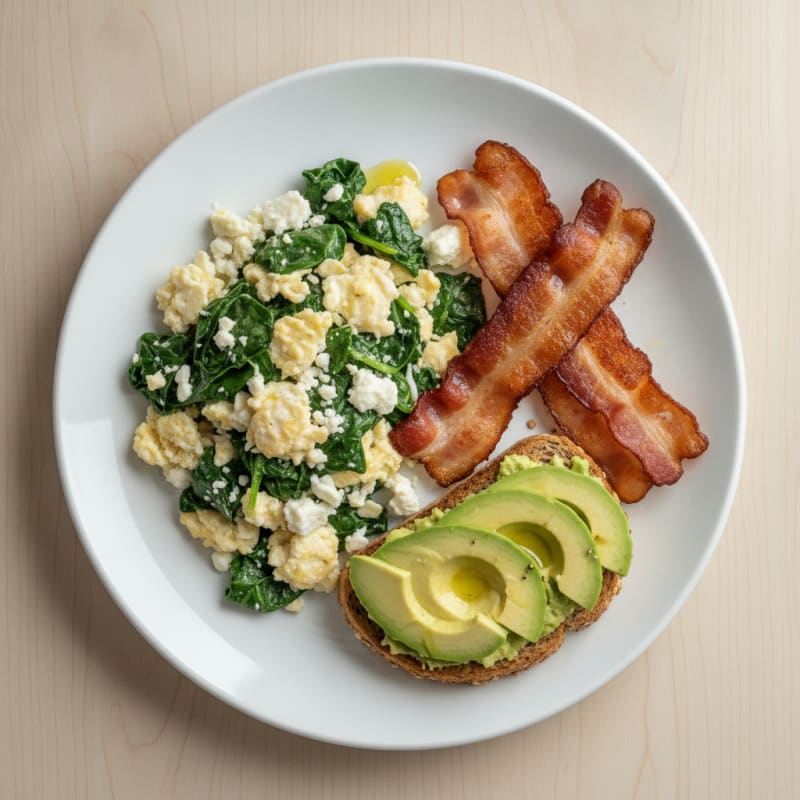 Crispy Turkey Bacon and Egg White Scramble with Spinach and Feta