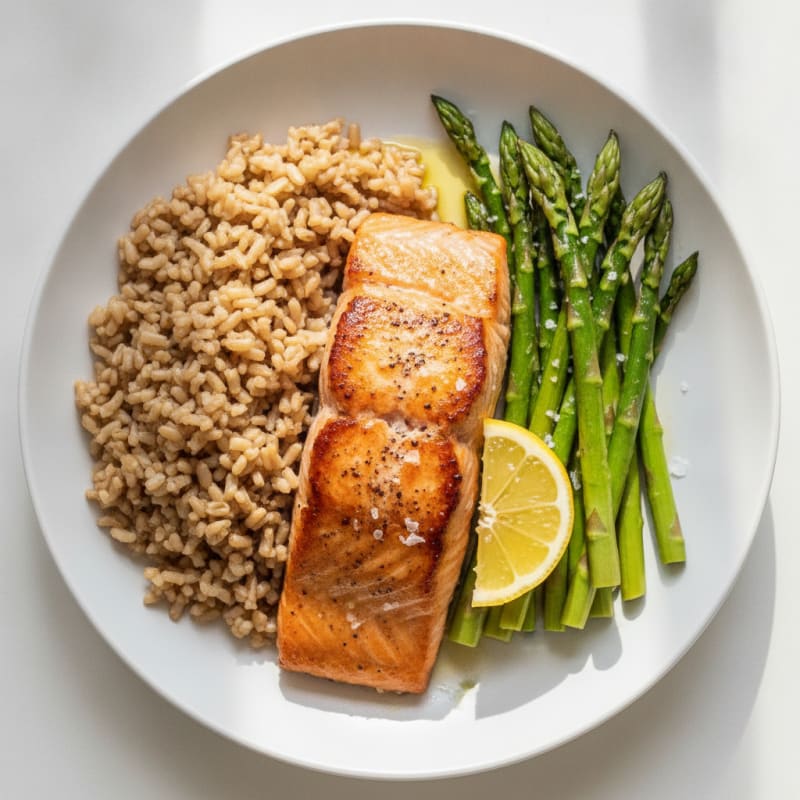 Seared Salmon with Steamed Asparagus and Brown Rice