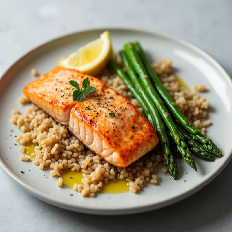 Seared Salmon with Steamed Asparagus and Brown Rice