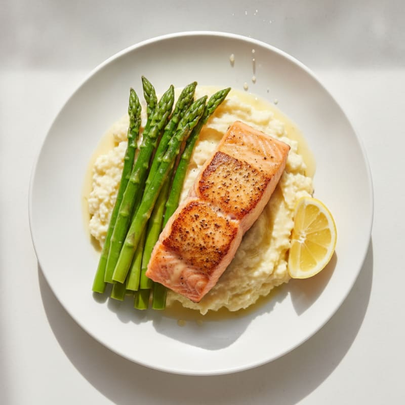Seared Salmon with Steamed Asparagus and Garlic Cauliflower Mash