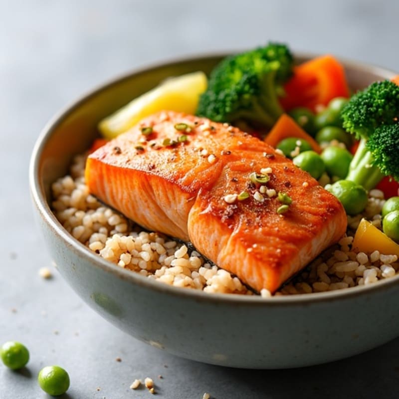 Crispy Salmon and Fresh Vegetable Rice Bowl