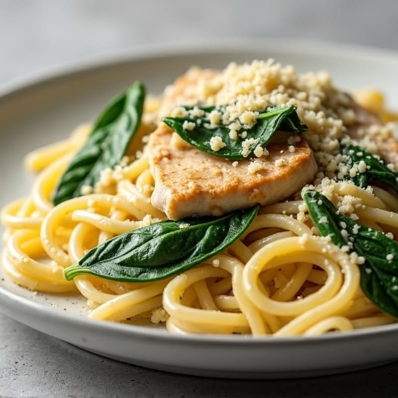 Creamy Lemon Garlic Chicken Pasta with Wilted Spinach