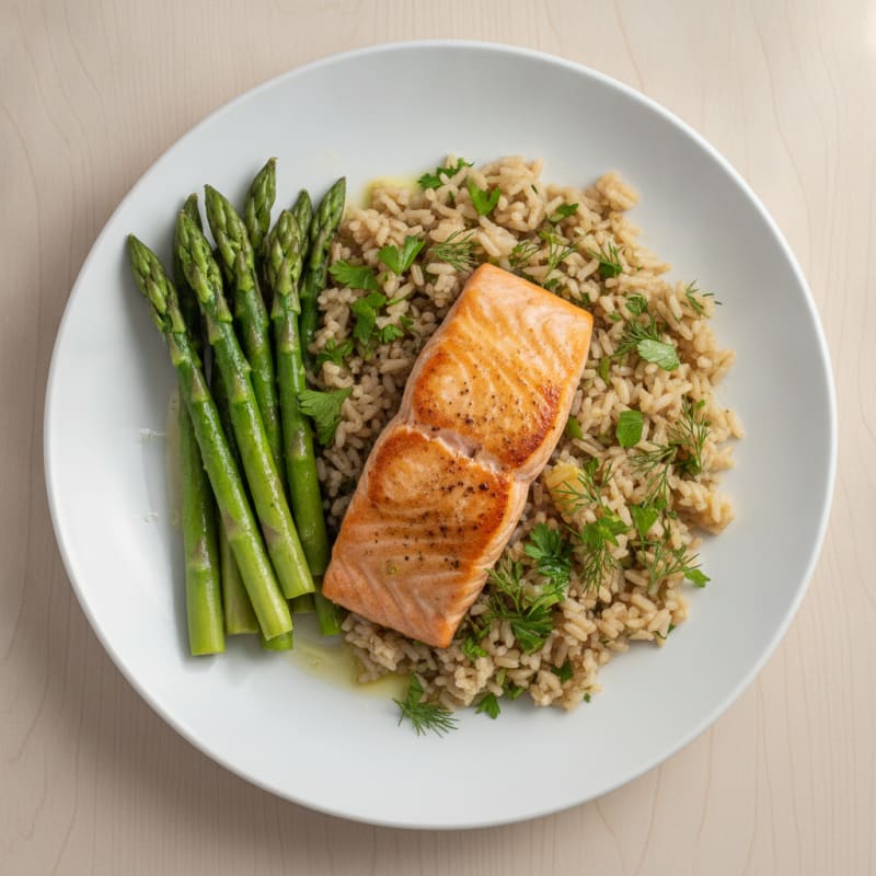 Seared Salmon with Herbed Brown Rice and Steamed Asparagus
