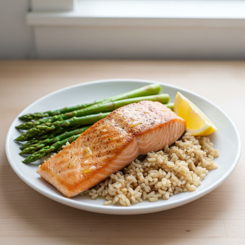 Seared Salmon with Steamed Asparagus and Brown Rice