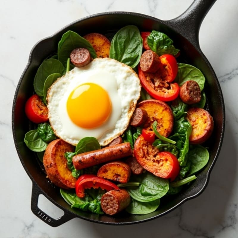 Lean Sausage and Egg Breakfast Skillet with Crispy Sweet Potatoes and Fresh Greens