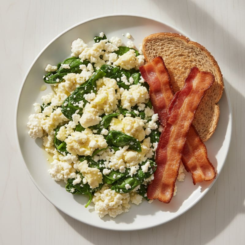 Cottage Cheese Scramble with Spinach and Turkey Bacon