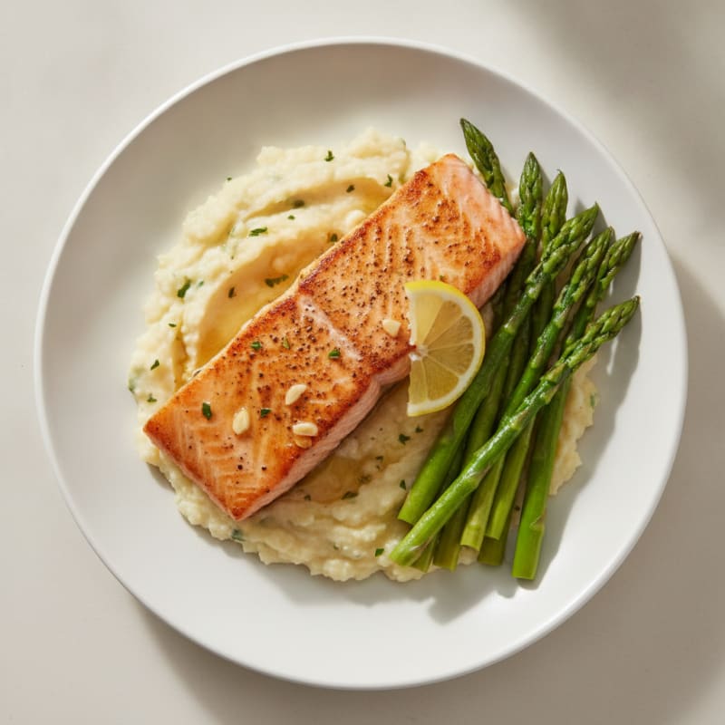Seared Salmon with Steamed Asparagus and Cauliflower Mash