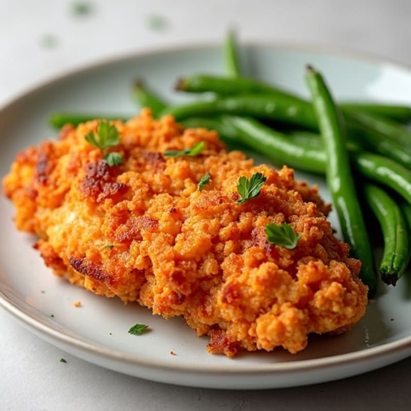 Crispy Popcorn Chicken with Roasted Sweet Potatoes and Green Beans