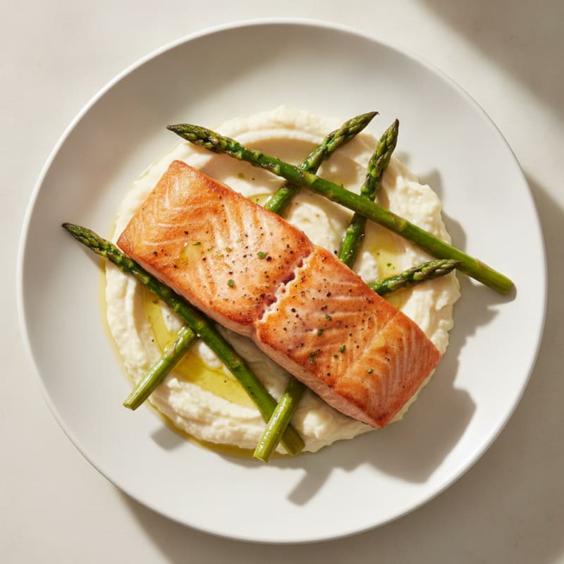 Seared Salmon Fillet with Roasted Asparagus and Cauliflower Mash