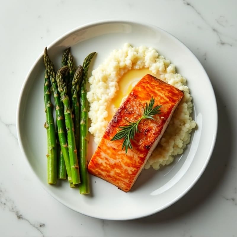 Seared Salmon with Roasted Asparagus and Cauliflower Mash