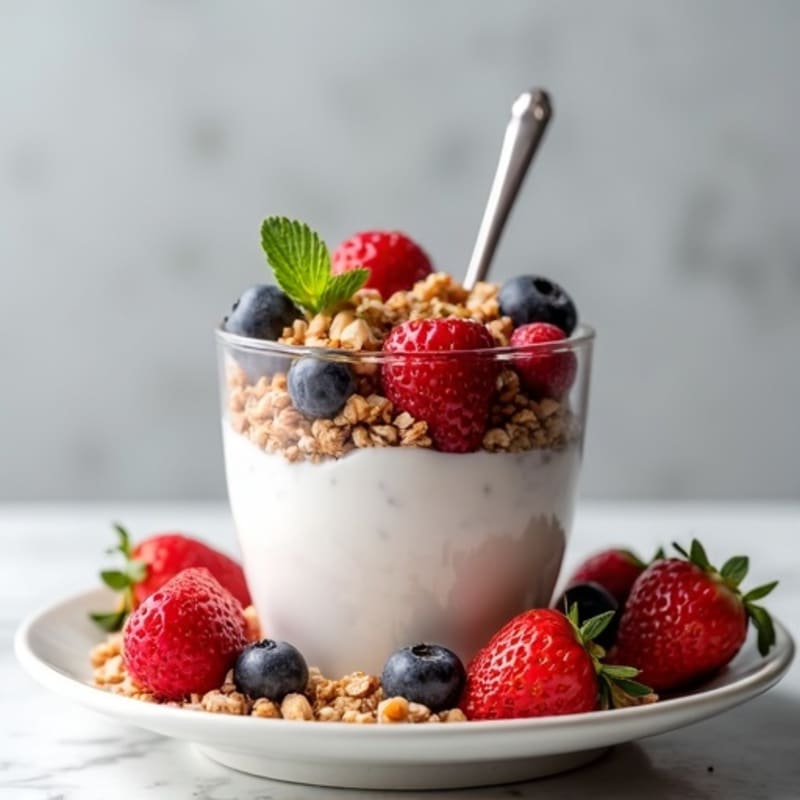 Greek Yogurt Parfait with Crunchy Almond Granola and Mixed Berries