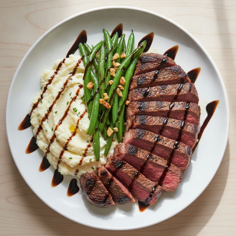 Seared Sirloin Steak with Garlic Green Beans and Cauliflower Mash