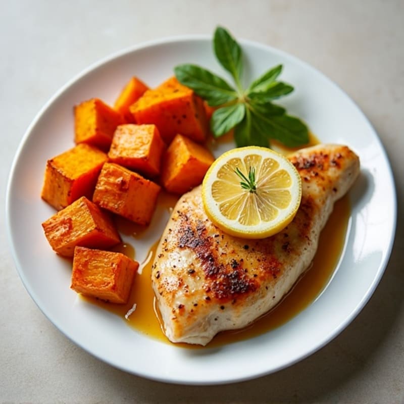 Seared Lemon Garlic Chicken Breast with Roasted Sweet Potatoes