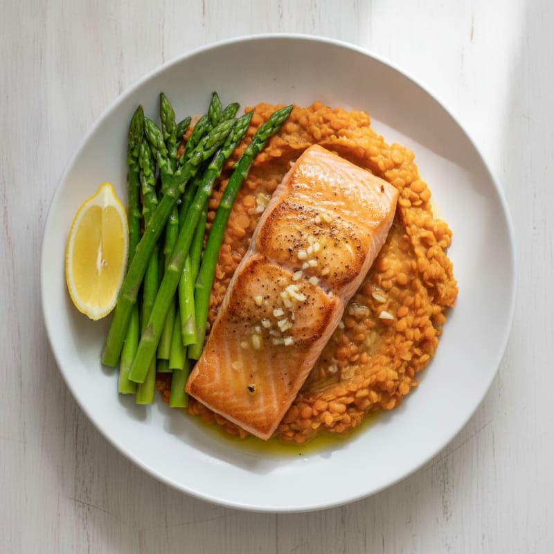 Seared Salmon with Steamed Asparagus and Lentil Mash