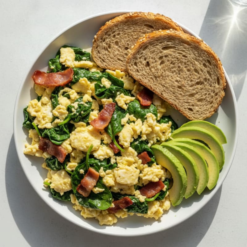 Crispy Turkey Bacon Egg White Scramble with Sautéed Spinach
