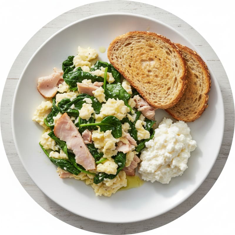 Egg White and Spinach Scramble with Cottage Cheese and Sliced Turkey