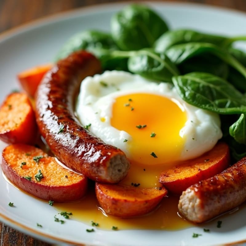Sheet Pan Eggs with Crispy Sweet Potatoes and Fresh Spinach