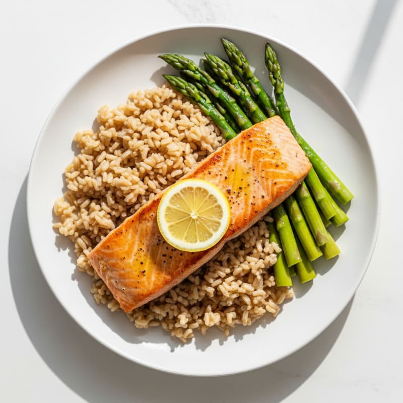 Seared Salmon with Steamed Asparagus and Brown Rice