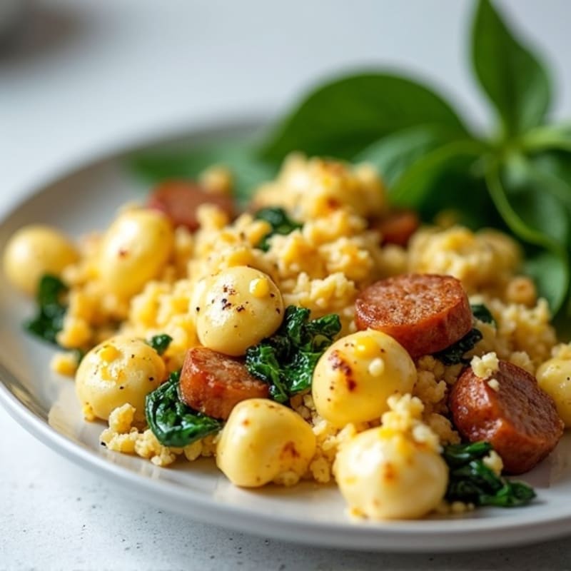 Egg White and Turkey Sausage Scramble with Cottage Cheese and Spinach