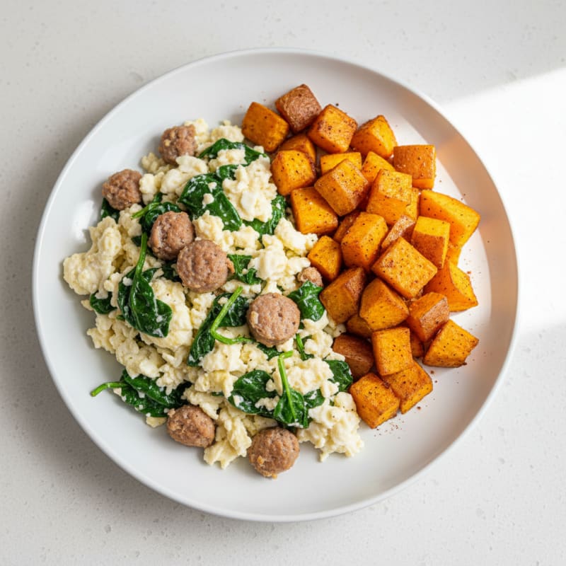 Egg White and Turkey Sausage Scramble with Spinach and Roasted Sweet Potatoes