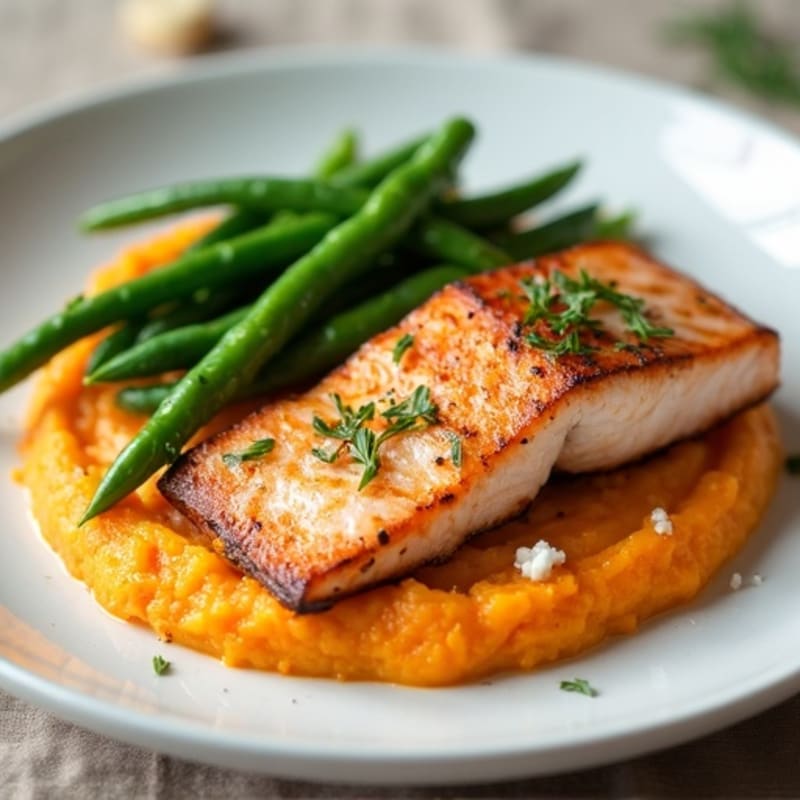 Seared Salmon with Garlic Green Beans and Sweet Potato Mash