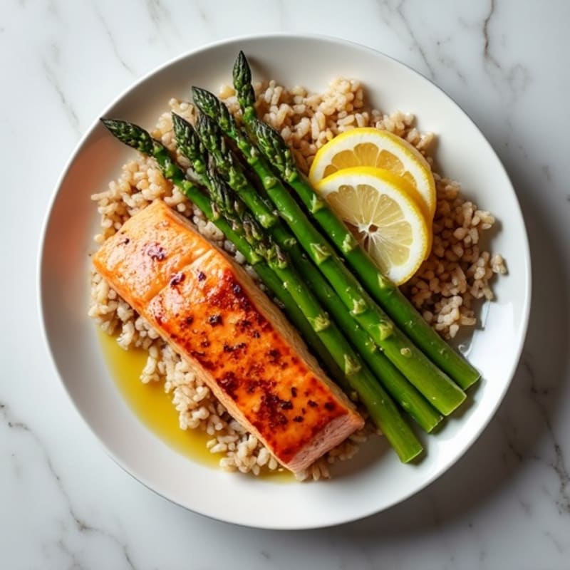 Seared Salmon with Steamed Asparagus and Brown Rice