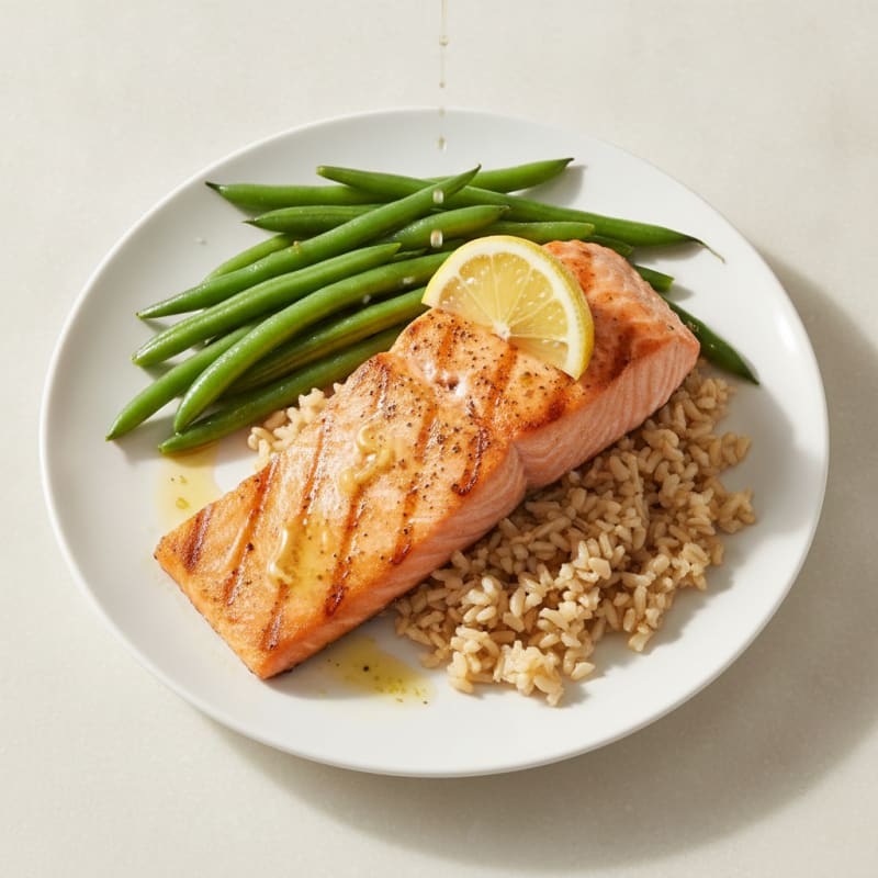 Seared Salmon Fillet with Steamed Green Beans and Brown Rice
