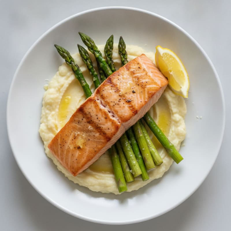 Seared Salmon Fillet with Roasted Asparagus and Cauliflower Mash