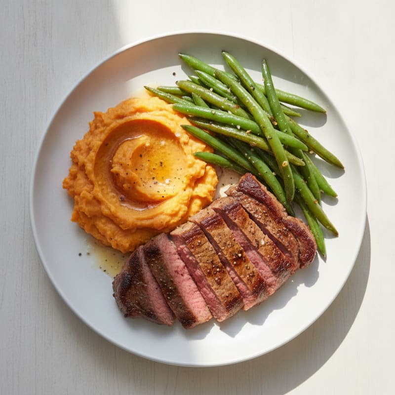 Seared Lean Beef with Garlic Green Beans and Mashed Sweet Potato