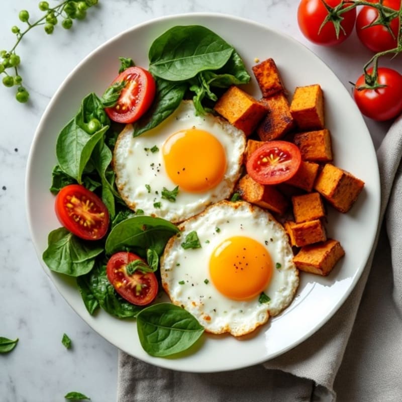 Sheet Pan Baked Eggs with Crispy Sweet Potatoes and Fresh Greens