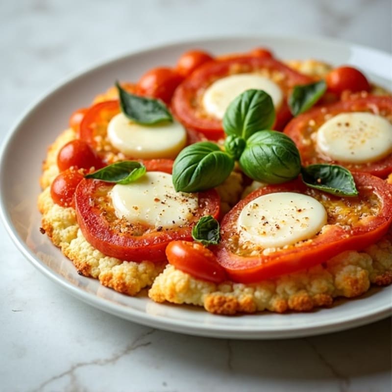 Crispy Cauliflower Crust Pizza with Fresh Tomato, Basil, and Melty Mozzarella