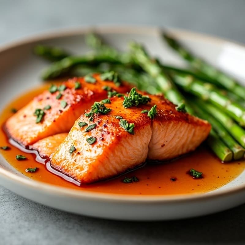Pan-Seared Salmon with Sweet Chili Glaze and Crispy Roasted Asparagus