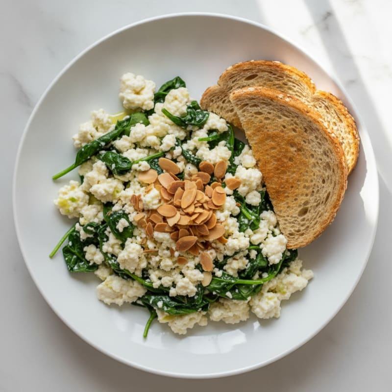 Egg White Spinach Scramble with Cottage Cheese and Toasted Almonds