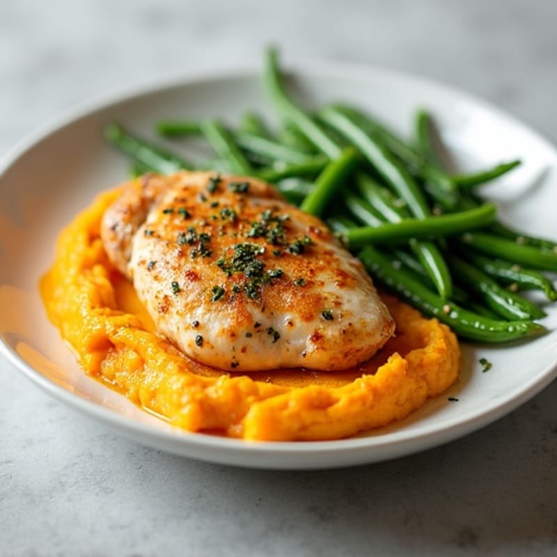 Lemon-Garlic Pan-Seared Chicken with Whipped Sweet Potato and Fresh Green Beans