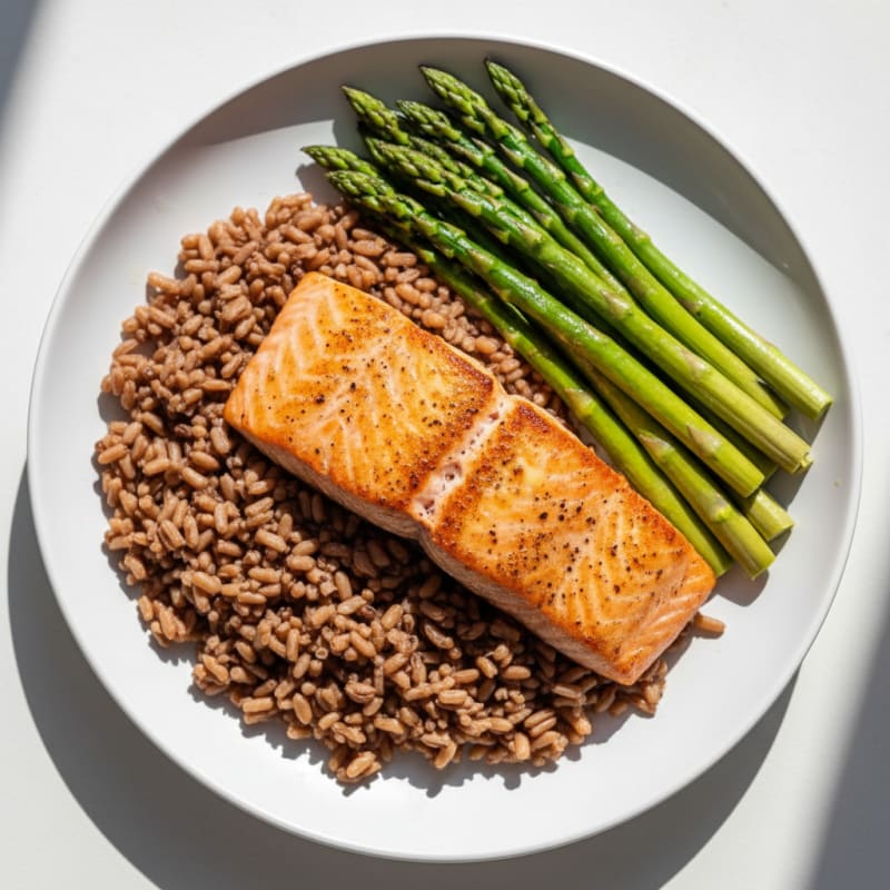 Seared Salmon with Steamed Asparagus and Brown Rice