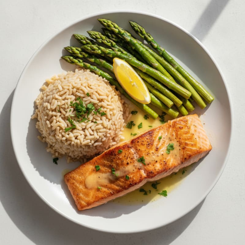 Seared Salmon with Steamed Asparagus and Brown Rice