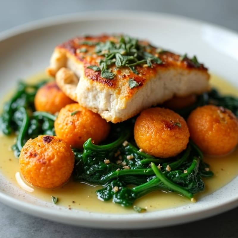 Crispy Sweet Potato Gnocchi with Sage Butter Sauce and Sautéed Greens