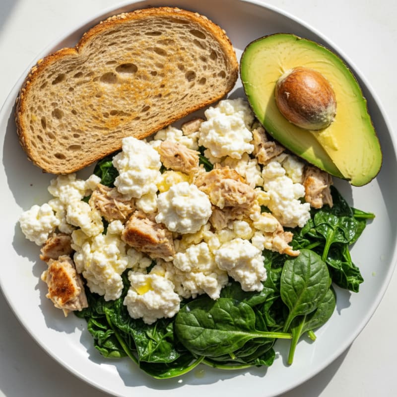 Egg White and Turkey Breast Scramble with Cottage Cheese and Sautéed Spinach