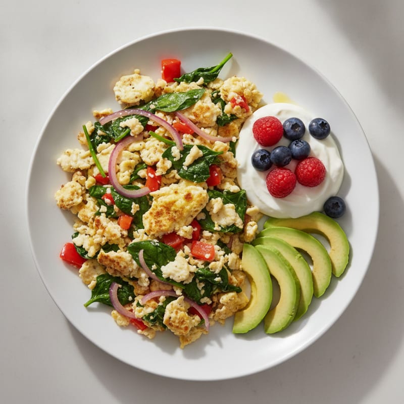 Egg White and Spinach Scramble with Fat-Free Greek Yogurt and Fresh Berries