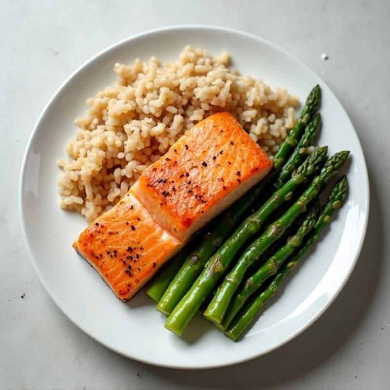 Seared Salmon Fillet with Steamed Asparagus and Brown Rice