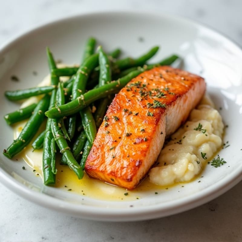 Seared Salmon with Garlic Green Beans and Cauliflower Mash