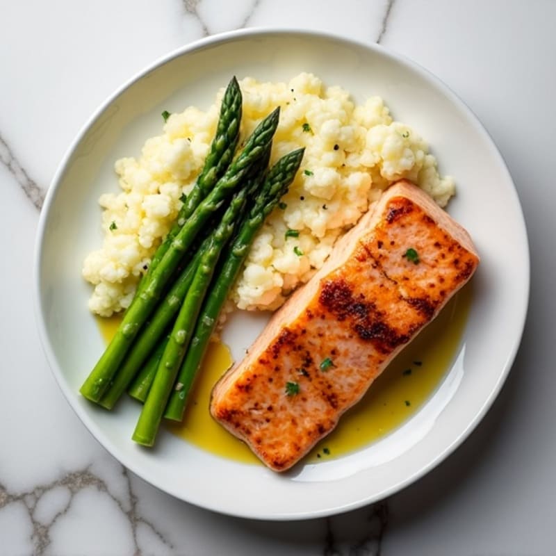 Seared Salmon with Steamed Asparagus and Garlic Mashed Cauliflower
